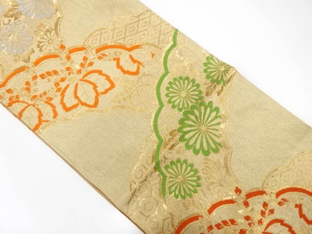 JAPANESE KIMONO / ANTIQUE FUKURO OBI / SILK / WOVEN KIKU & PAULOWNIA